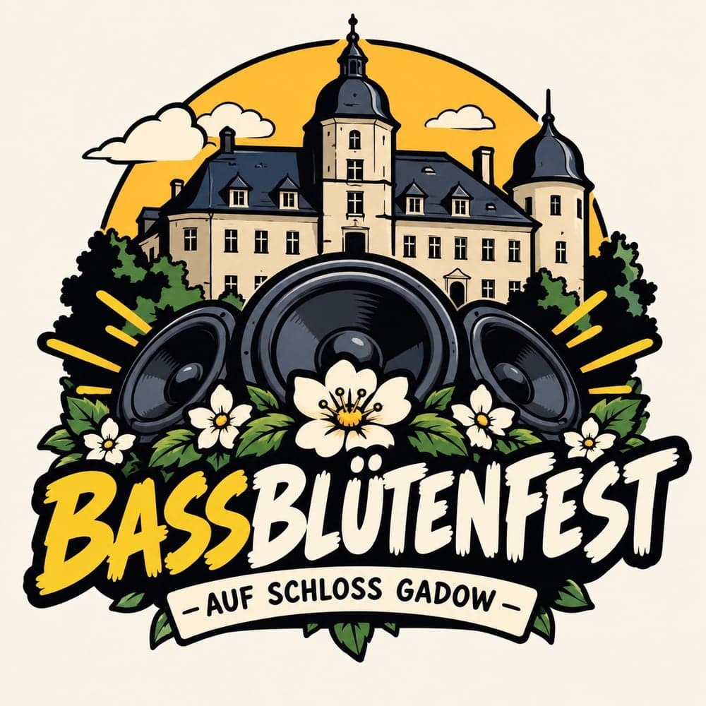 Bassblütenfest auf Schloss Gadow: das Schloss hinter Lautsprechern und Blüten